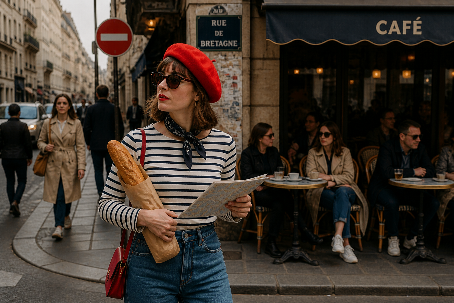 Female tourist in street with red beret. She has a map in one hand and a baguette in the other. 